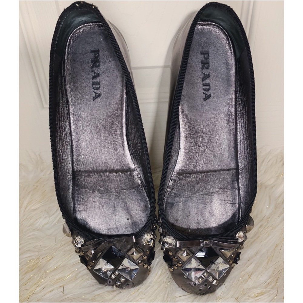 Prada Jewel Ballet Flats Gunmetal - Well Worn